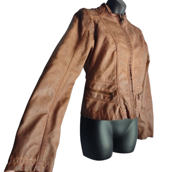Therapy Women's Brown faux Leather Jacket ZIP Up Pockets Lined Sz M - Picture 6 of 9